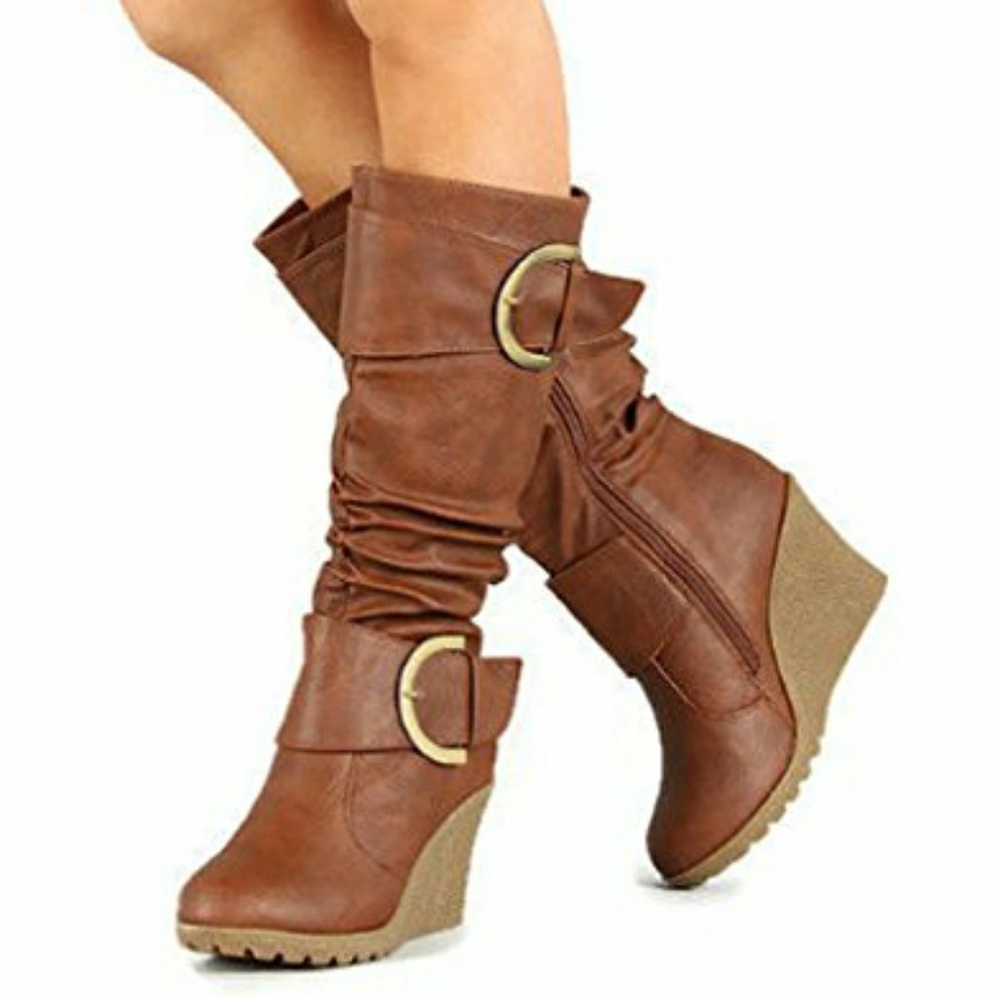 New Women's Top Moda wedge SLOUCH 2BUCKLE boot-TAN